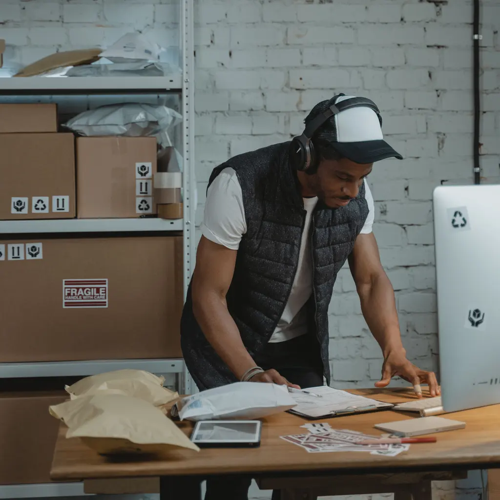 A parcel-workroom employee reviewing paperwork beside boxes and a computer.