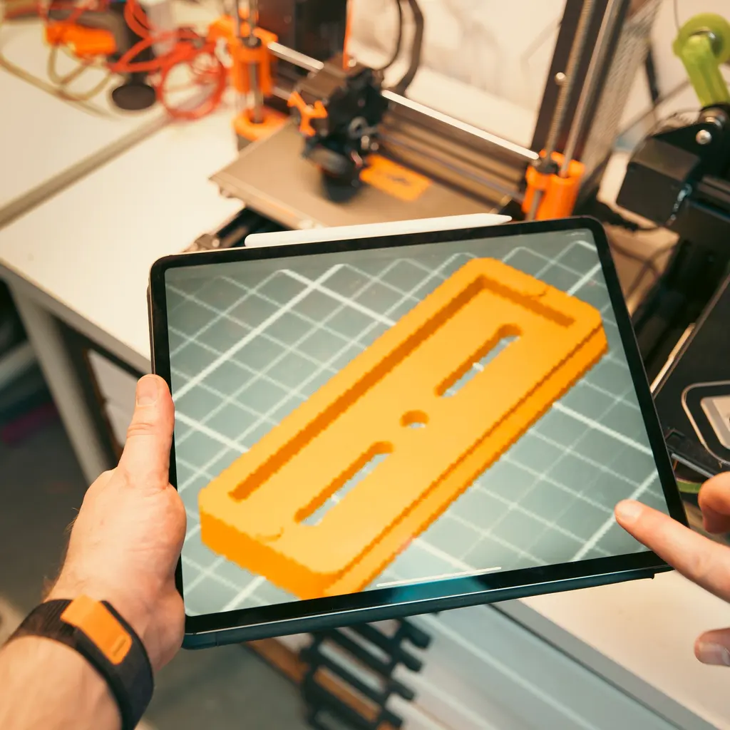 A three-dimensional part model displayed on a tablet beside 3D printers.