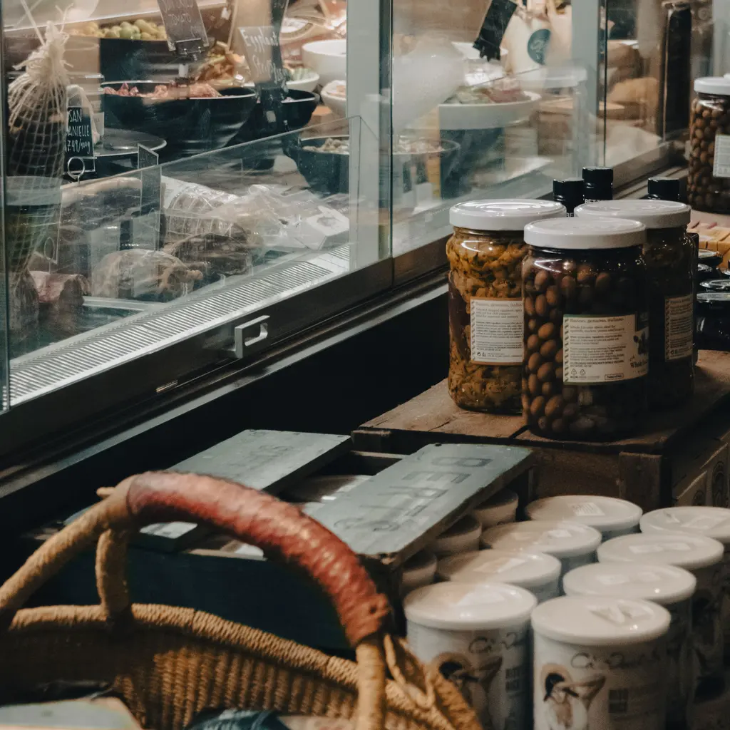 Specialty foods in jars, baskets and a refrigerated shop display.