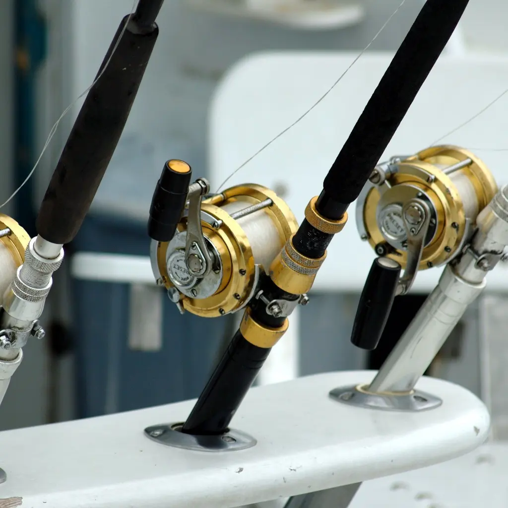 Fishing rods and gold-colored reels secured in holders along a boat.
