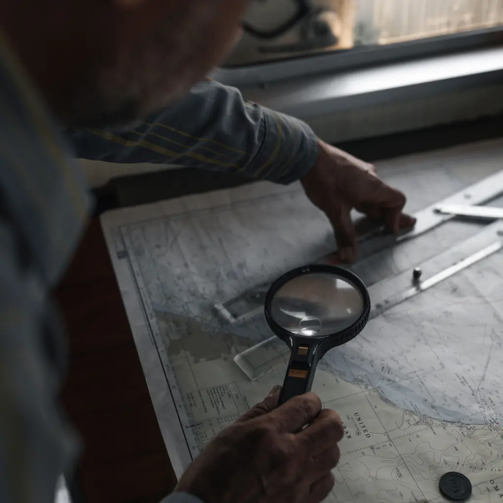 A person examining a detailed map with a ruler and magnifying glass.