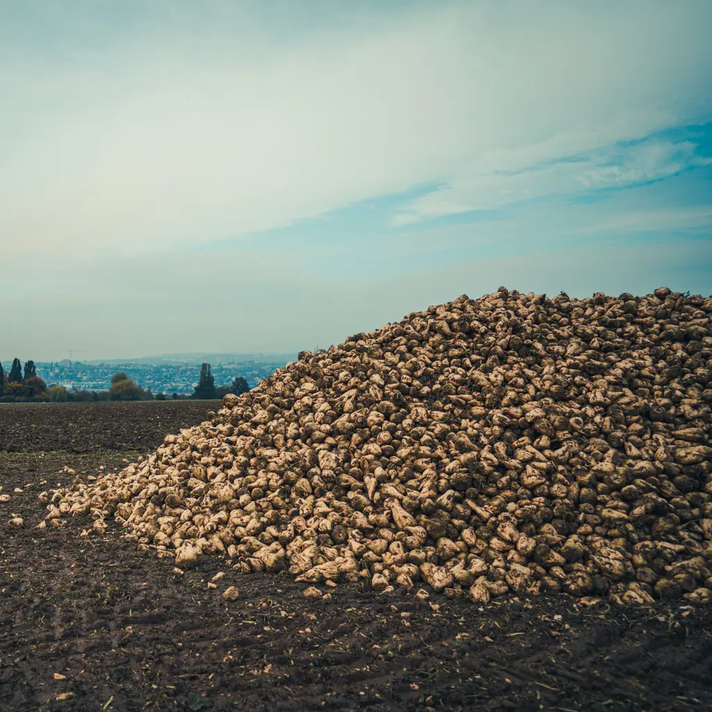 Harvested sugar beets piled at the edge of a field.
