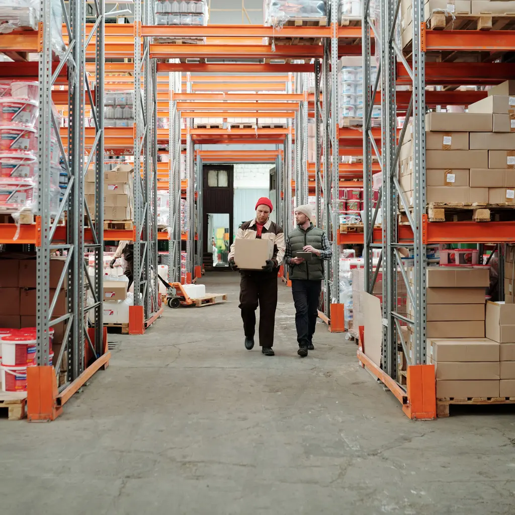 Two workers handling boxed stock between warehouse racks of assorted goods.