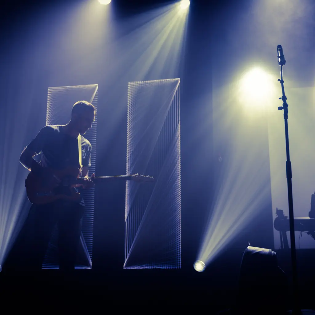 A guitarist performing under stage lights.