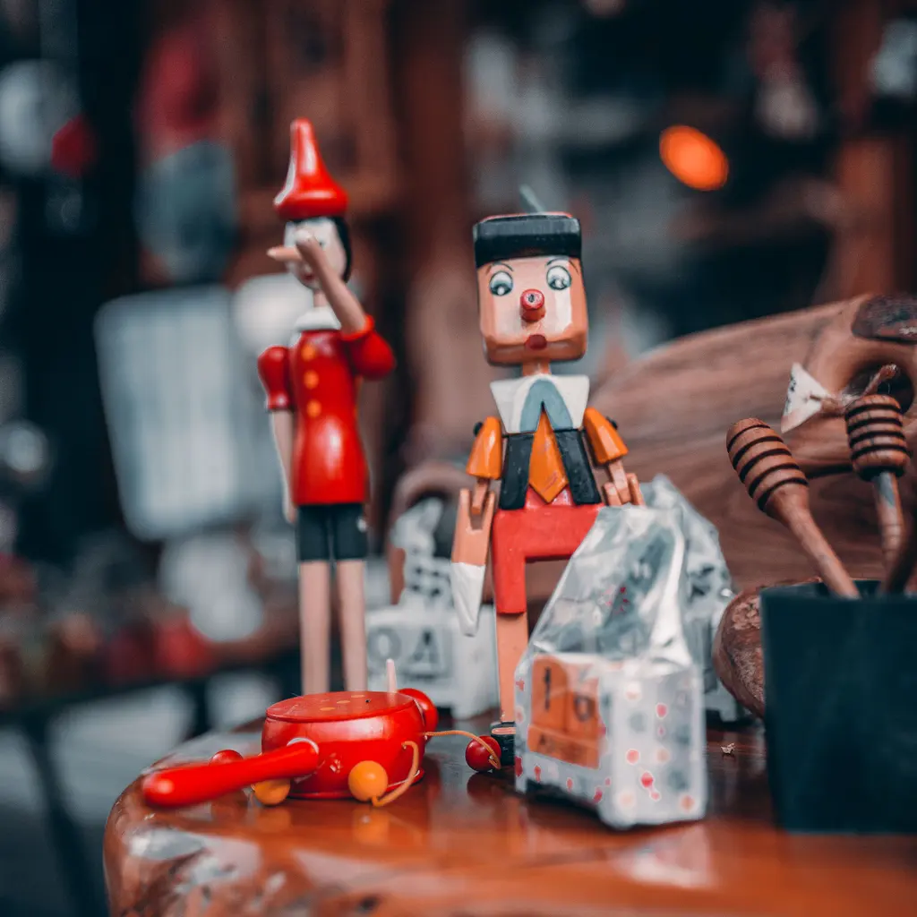 Wooden toy figures and a small red toy car displayed on a tabletop.