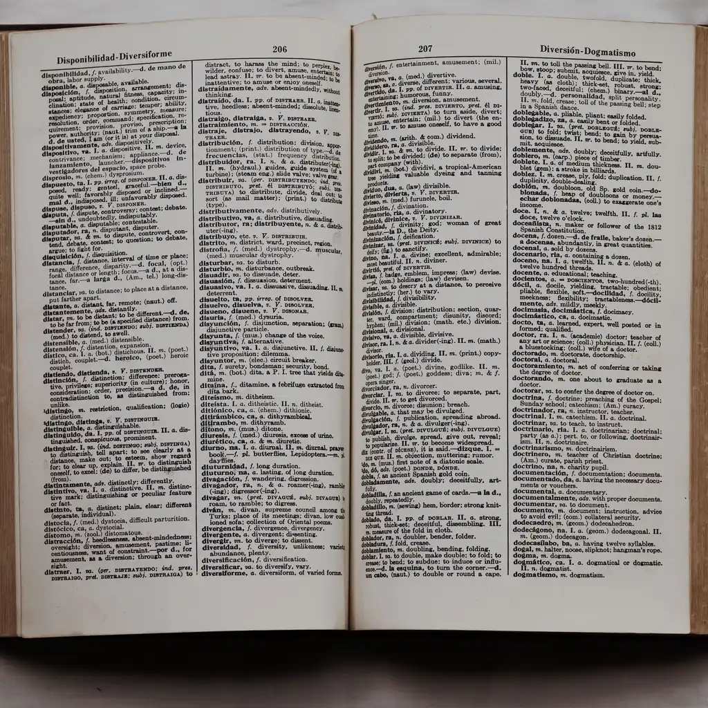 An open bilingual dictionary with word translations.