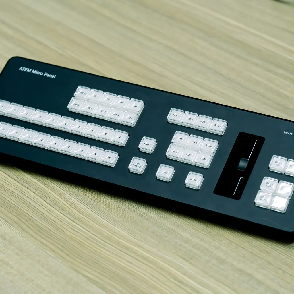 A video-switching control panel with grouped source buttons and a transition lever.