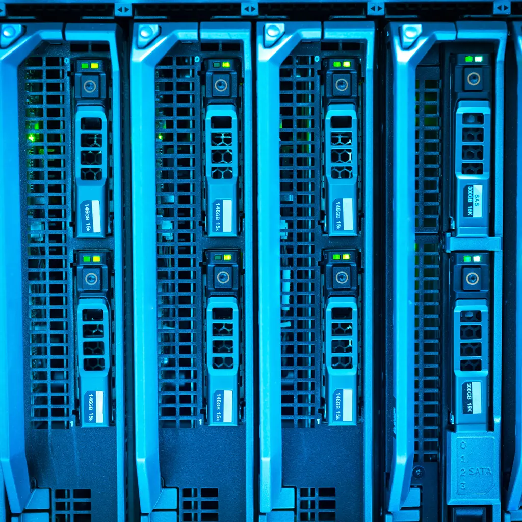 Blade-server modules with illuminated status lights.