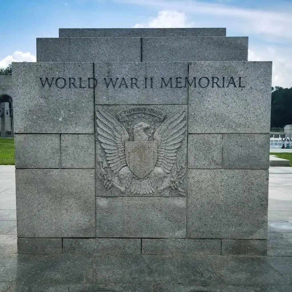 A carved entrance stone at the World War II Memorial.
