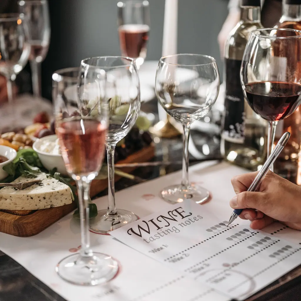 Wine samples and written tasting notes on a table.