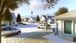 "Neighborhood scene showcasing home security measures to lower your insurance premium."