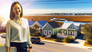 A smiling woman in a blouse stands near homes, highlighting The Best Insurance Plans for Growing Families.