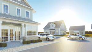 Modern neighborhood scene with homes and cars, exploring what affects your insurance premiums.