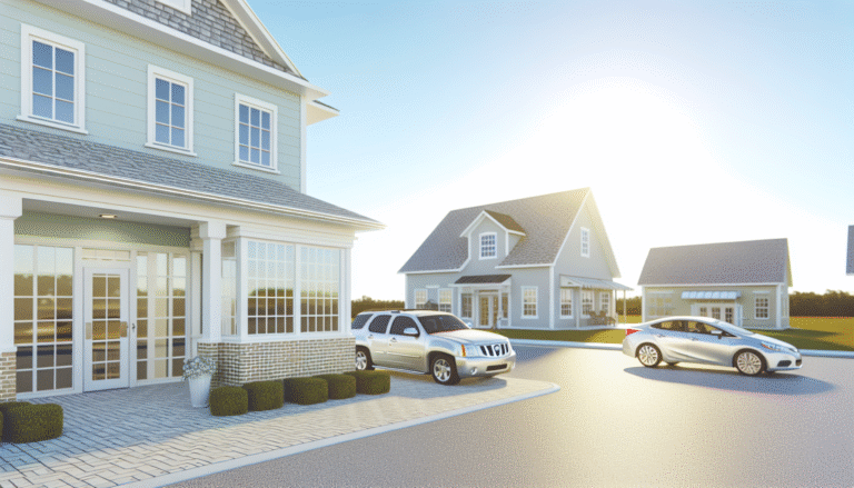 Modern neighborhood scene with homes and cars, exploring what affects your insurance premiums.
