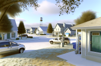 "Neighborhood scene showcasing home security measures to lower your insurance premium."