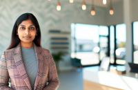 Confident businesswoman highlights how proactive communication can save your business from insurance pitfalls.