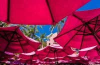 "Colorful pink umbrellas shade a relaxing scene, highlighting ways to protect your retirement savings from market volatility."