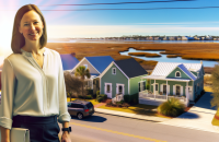 A smiling woman in a blouse stands near homes, highlighting The Best Insurance Plans for Growing Families.