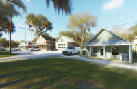 A quaint neighborhood scene, highlighting time-saving insurance tips for busy families in a warm, inviting atmosphere.