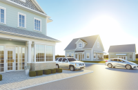 Modern neighborhood scene with homes and cars, exploring what affects your insurance premiums.